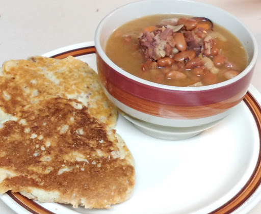 This soup is one of our family favorites.  This soup is quick and easy in a hurry.  I created this with pintos and great northerns, but you can use any beans you have on hand. I have been known to use any left over ham.