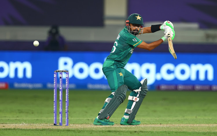 Babar Azam of Pakistan plays a shot during the T20 World Cup match against India at Dubai International Stadium on October 24, 2021