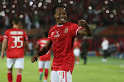 Percy Tau of Al Ahly celebrates a goal in the Caf Champions League semifinal first leg match against ES Setif at Al Salam Stadium in Cairo, Egypt on May 7 2022.