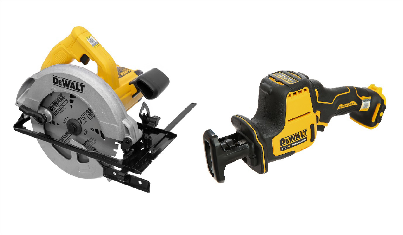 Máy cưa dùng điện (trái) và máy cưa dùng pin (phải) của Dewalt