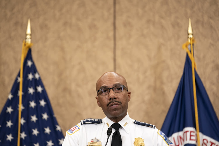 Robert J. Contee, Chief of the D.C. Metropolitan Police Department, speaks during a news conference ahead of a planned "Justice for J6" rally in Washington, D.C., U.S. A demonstration this Saturday in support of people arrested in the Jan. 6 insurrection has prompted security officials to warn members of Congress and their staffs to stay away from the Capitol on that day.