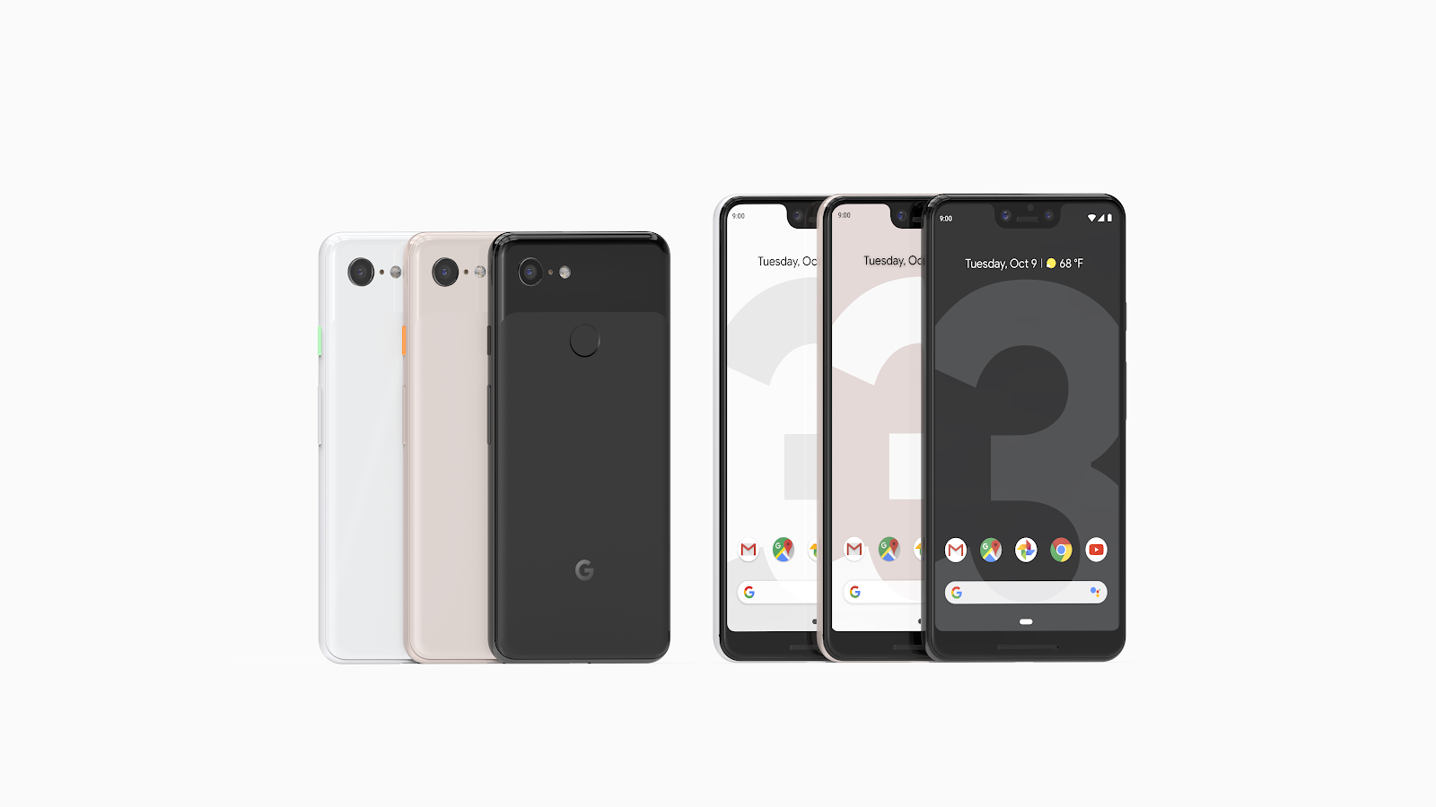 Pixel 3 et Pixel 3 XL en blanc, rose et noir