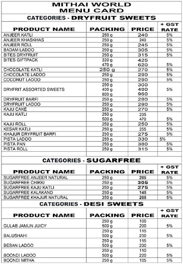 Mithai World menu 