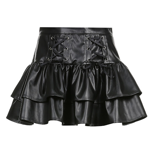 Title 3, Dark Cross Lace Up Thin Leather Skirt Double La...
