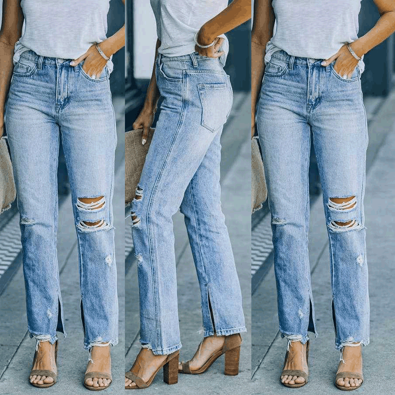 Jeans de calle lavados para mujer, moda casual de primavera y verano, estilo urbano y cómodo, perfectos para el tiempo libre.