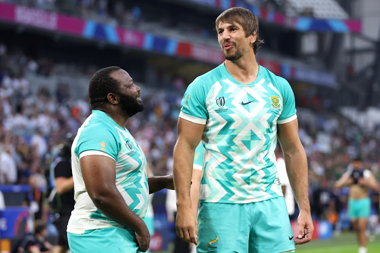 Ox Nche speaks to Eben Etzebeth after the Springboks' Rugby World Cup pool B win against Scotland in Marseille on Sunday.