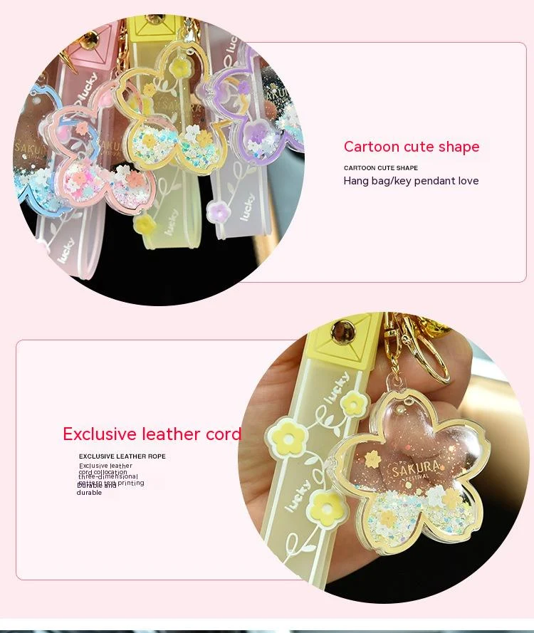 Porte-clés cerisier en fleur acrylique transparent à sables mouvants de dessin animé, flacon à huile flottante, pendentifs de sac, cadeau.