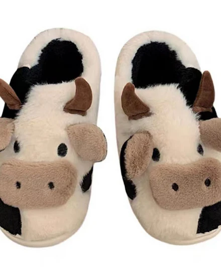 New Unisex Women Cute Cartoon Cow Warm Plush Slippers Cou... - 1