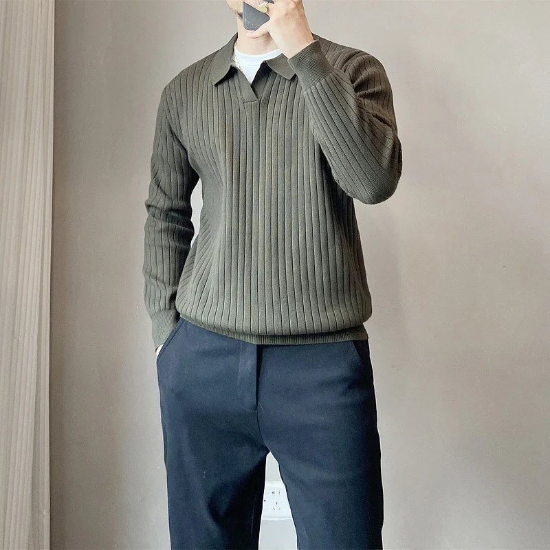 Lightly Mature Spring and Autumn Striped Lapel Boys Knitted Sweater, loose and elastic texture, perfect for comfort and 