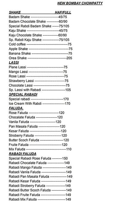 New Bombay Chowpatty menu 