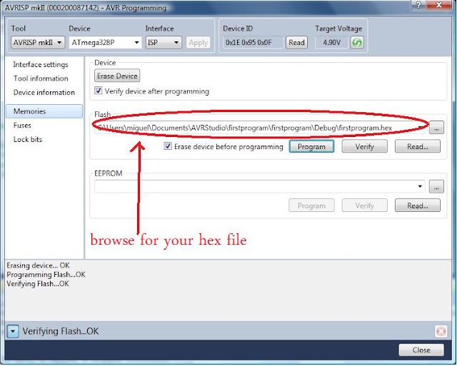 avr studio memories window, hex file ready to upload