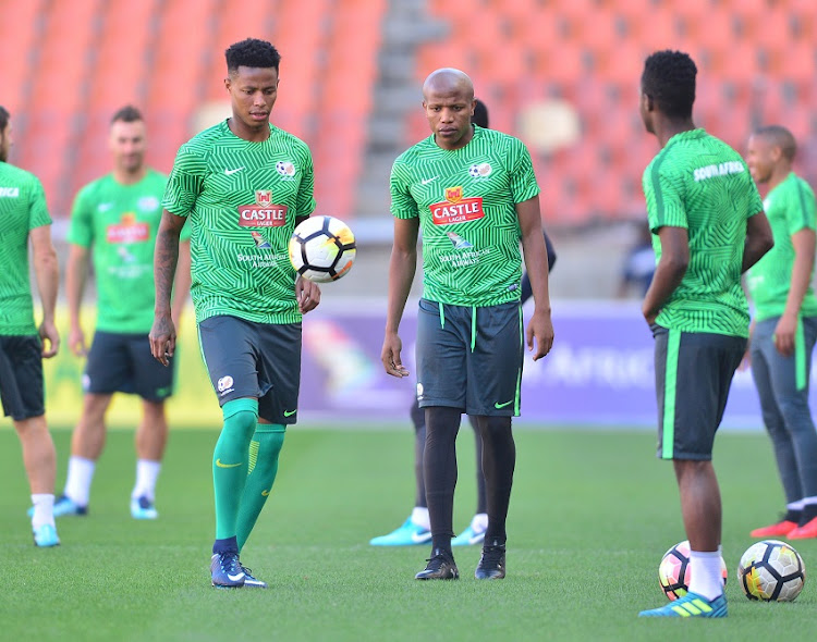 Bongani Zungu and Lebogang Manyama of South Africa during the 2018 FIFA World Cup Qualifier South Africa training session at Peter Mokaba Stadium, Polokwane on 09 November 2017.