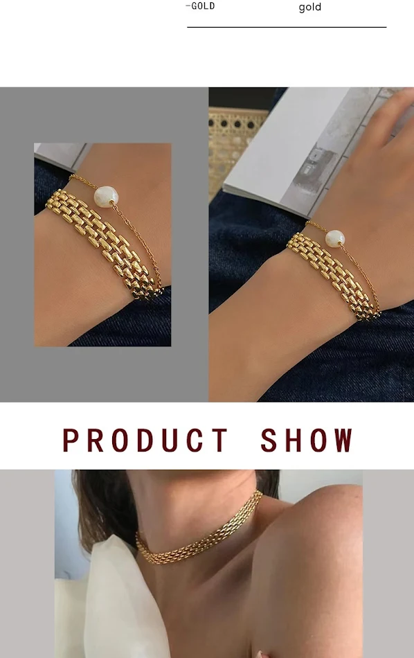Conjunto Bracelete e Colar Tecido em Aço Titânio com Banho Ouro 18K. Elegância e durabilidade para um visual sofisticado.