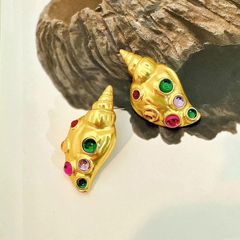 Pendientes de botón con forma de concha electrochapados, exagerados y personalizados, estilo europeo y americano