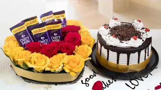 Black Forest Cake With Heart Shape Rose And Rakhi Special Dairy Milk