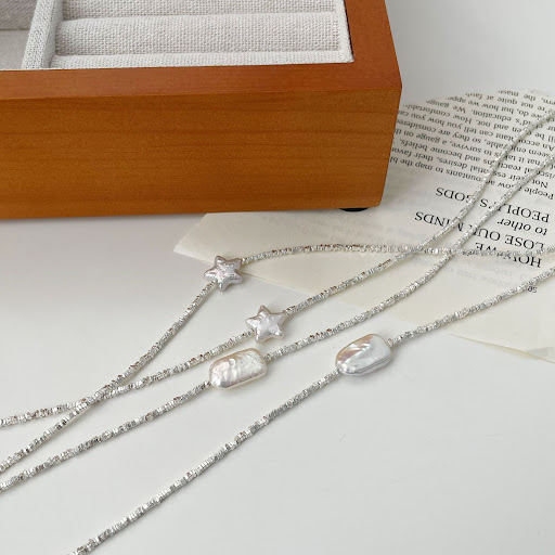 Title 6, Geometric Silver Fragmented Irregular Pearl Nec...