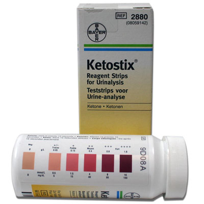 A commercial strip for detection of ketosis.