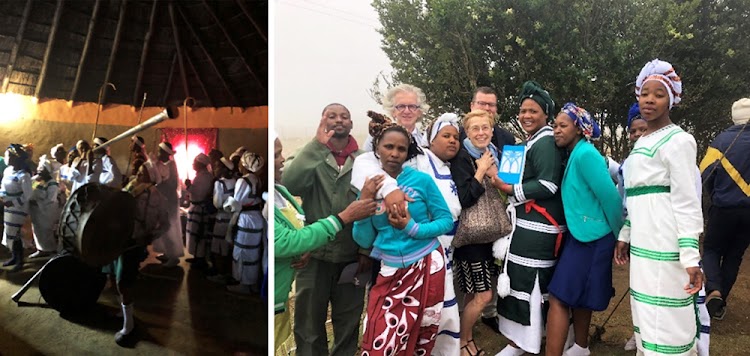 Left: Worship in a traditional African Independent Church. Photo: CAS WEPENER. Right: The launch of a book about the church with parishioners and three of the editors, Marcel Barnard, Gerrie ter Haar and Cas Wepener. The fourth, Ignatius Swart, took the photo.