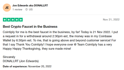 Five star Cointiply review from Trustpilot user. 