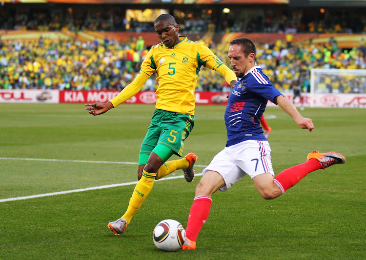 Anele Ngcongca challenges Franck Ribery during a 2010 Fifa World Cup Group A match between Bafana Bafana and France at Free State Stadium in Bloemfontein.