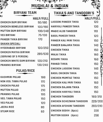 Shaikhs home kitchen menu 