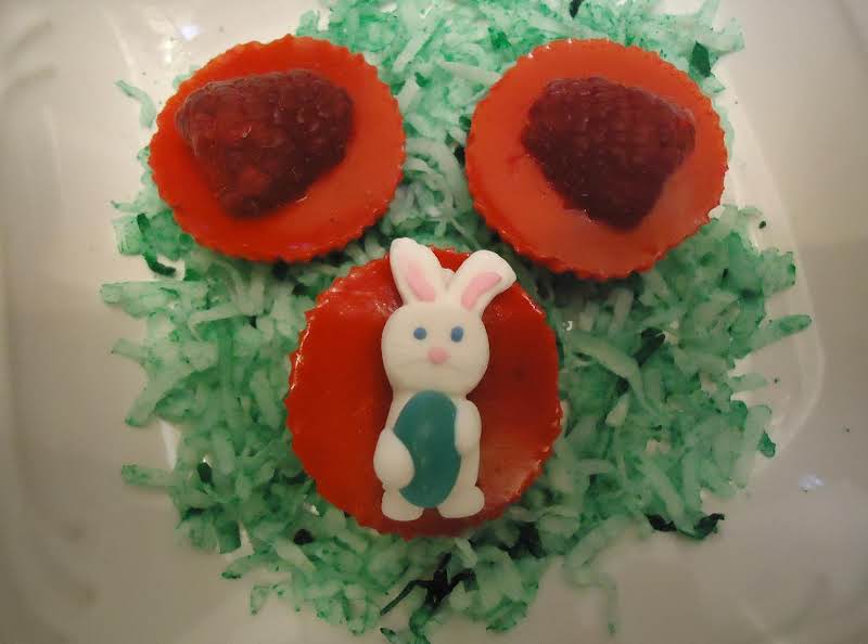 Raspberry Yogurt And Raspberry Jello Over Green Died Coconut With A Bunny Candy On Top.