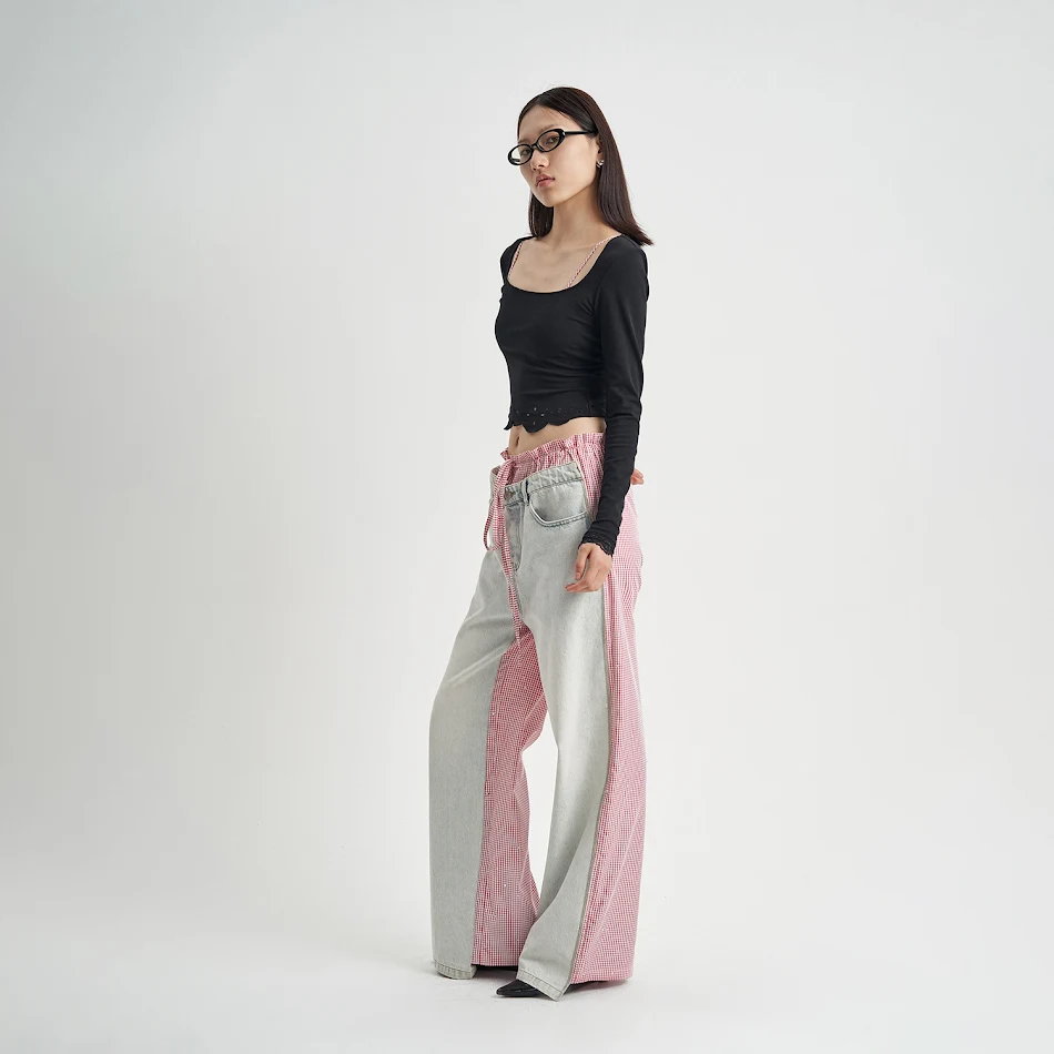 Jeans Patchwork Rosa Xadrez Roupas Femininas Jeans Femininos Estilosos e Confortáveis para um Visual Moderno e Casual Perfeito
