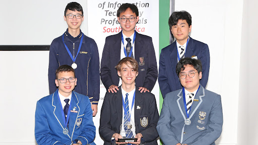 From left: Bronze medallists Tengjun Liu, Fei Xiang Peng and Youkyum Kim. Seated: Emmanuel Rassou (Silver Medal Winner), Benjamin Kleyn (Gold Medallist and 2022 IITPSA Programming Olympiad winner), and Minkyum Kim (Silver Medal Winner, winner of the 2021 IITPSA Programming Olympiad and a bronze medallist at IOI 2022).