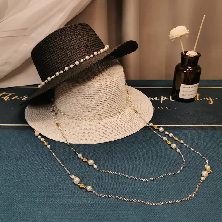 Chapéu de palha flat com corrente de pérolas retrô francês Chapéu elegante feminino primavera e verão proteção solar