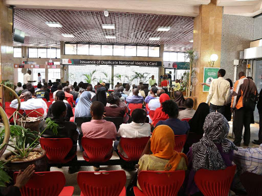 People wait to be served at the Huduma Centre at Teleposta Towers