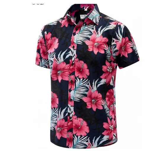 Heren bedrukte shirt met korte mouwen, Europese strandstijl, luchtig en comfortabel voor een ontspannen zomerse look.