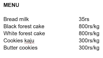 MVR Sweets & Bakery menu 