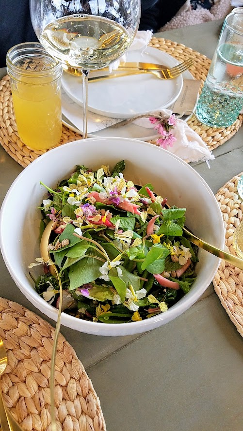 Our Secret Supper Leap Dinner, Tender leaves and shoots with Vermont Creamery feta, Easter Egg radishes, sugar snap peas, pic