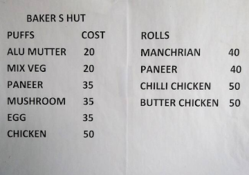 Bakers Hut menu 