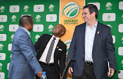 Newly appointed Cricket SA CEO Pholetsi is flanked by board chair Lawson Naidoo on the left and lead independent director Steven Budlender SC during a media briefing at the organisation's headquarters on March 16 2022.