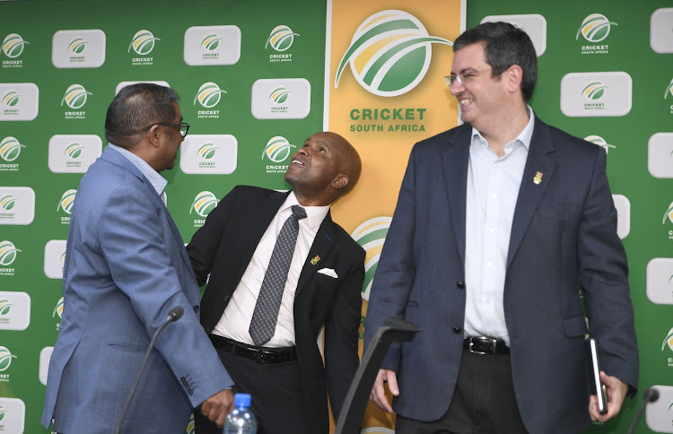 Newly appointed Cricket SA CEO Pholetsi is flanked by board chair Lawson Naidoo on the left and lead independent director Steven Budlender SC during a media briefing at the organisation's headquarters on March 16 2022.