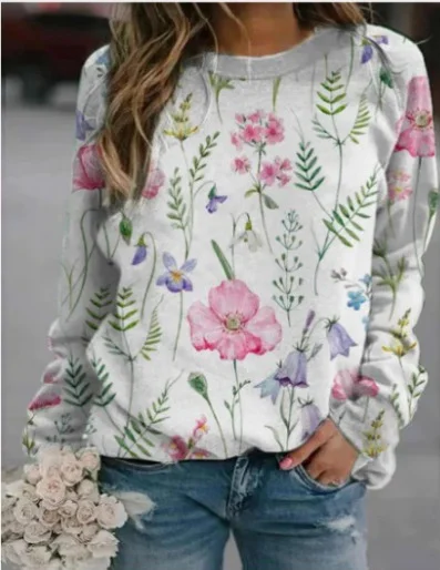 Sweter 3D z Okrągłym Dekoltem Damski z Motywem Świeżych Kwiatów Stylowy i wygodny sweter, idealny na codzienne stylizacje z pięknym kwiatowym wzorem.