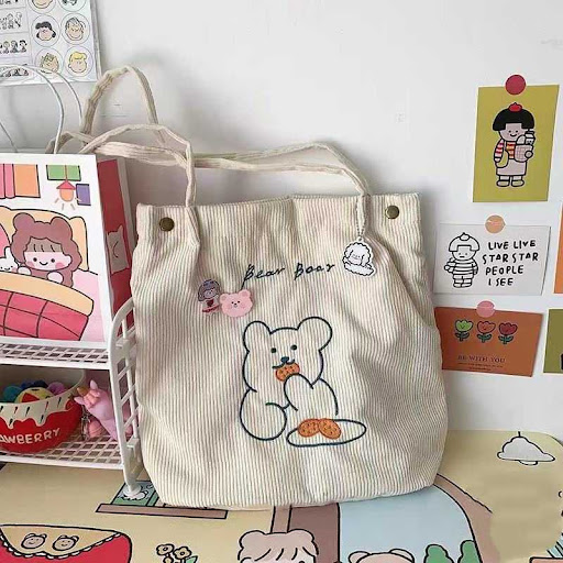Title 3, Cute Bear Canvas Bag Corduroy Tote Bag, perfect...
