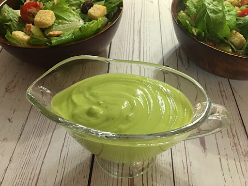 A delicious, creamy Avocado Dressing ready for your salads!