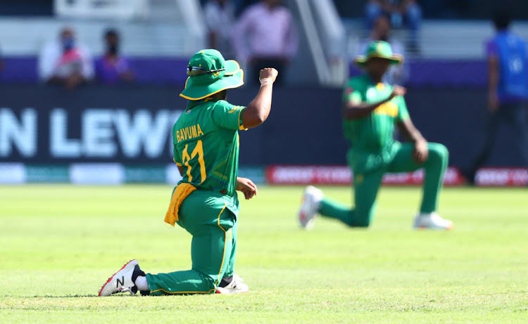 Proteas captain Temba Bavuma takes the knee ahead of the ICC Men's T20 World Cup match against West Indies at Dubai International Stadium on October 26 2021 in United Arab Emirates.