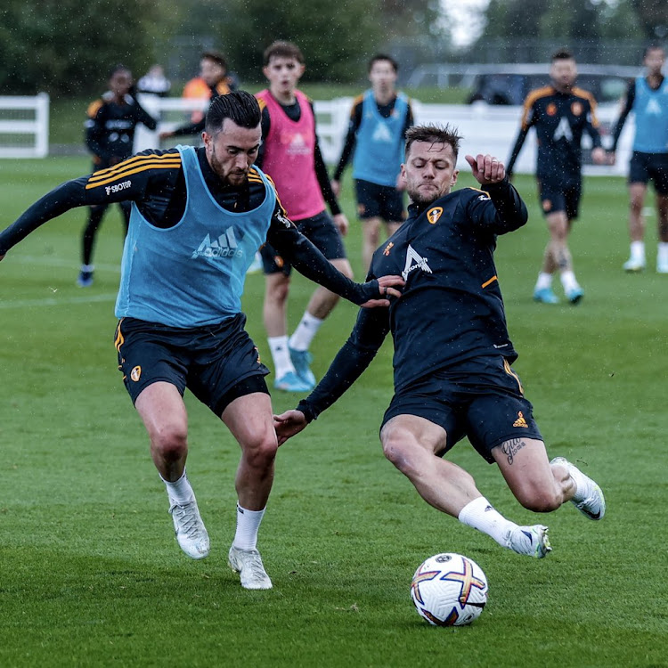 Leeds United's Jack Harrison and Liam Cooper during a training session
