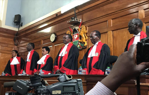 Supreme Court judges Njoki Ndung'u, Smokin' Wanjala, Deputy Chief Justice Philomena Mwilu, Chief Justice David Maraga, Jackton Ojwang and Isaac Lenaola during the hearing of the petition against President Uhuru Kenyatta's election on November 15, 2017