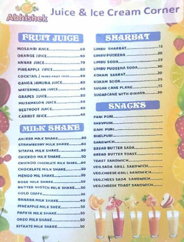 Abhishek Juice And Ice Cream menu 