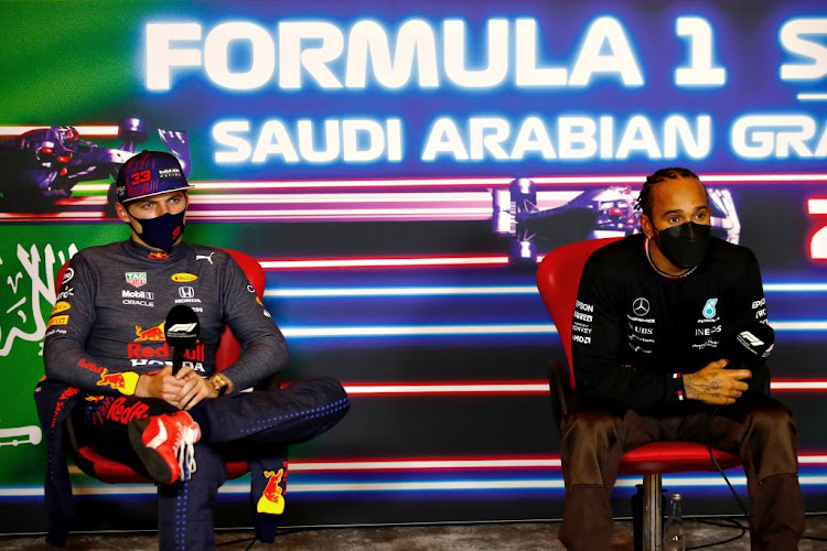 Race winner Lewis Hamilton of Great Britain and Mercedes and second placed Max Verstappen of the Netherlands and Red Bull Racing at a press conference after the F1 of Saudi Arabia at Jeddah Corniche Circuit on December 5 2021 in Saudi Arabia.