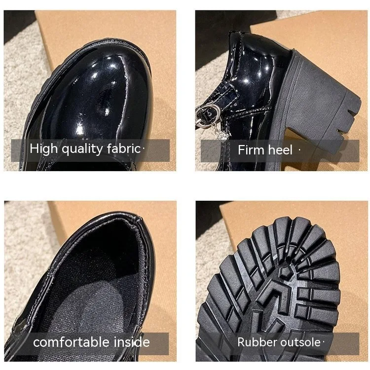 Buckled chunky heel patent leather pumps. Stylish and comfortable shoes for work or special events. Elevate your look wi