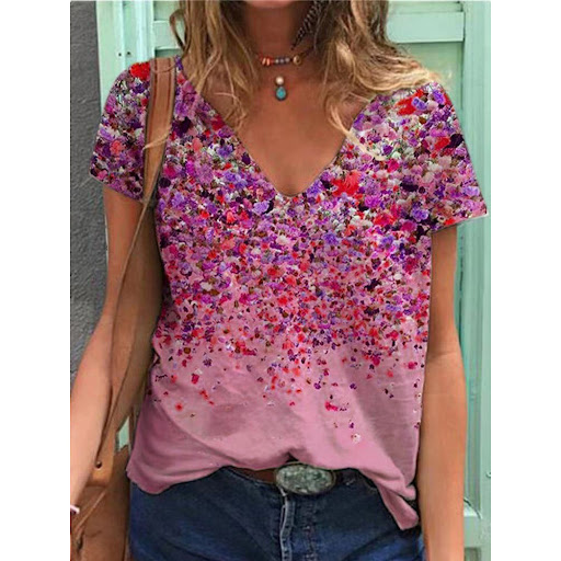 Title 3, V-neck Printed Short-sleeved Blouse T-shirt