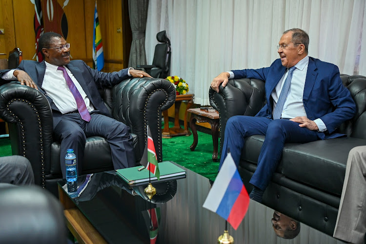 National Assembly Speaker Moses Wetang'ula with the Russian Minister of Foreign Affairs Sergey Lavrov at the Parlaiment Building on May 29,2023.