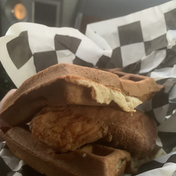 Chicken and waffle sandwiches! Deep fried goodness in between two perfect waffles with a killer maple mustard type sauce!