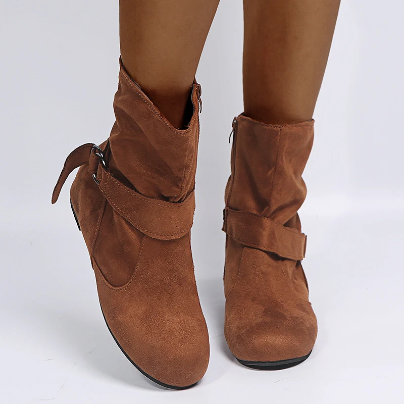 Botas de tobillo para mujer con hebilla plana de ante de talla grande European Station, cómodas y elegantes, perfectas para el día a día.