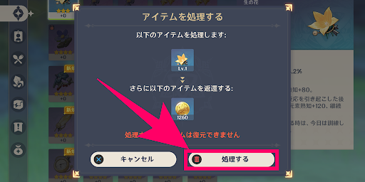 聖遺物の売却方法_不要な聖遺物を選択後「処理する」を選択